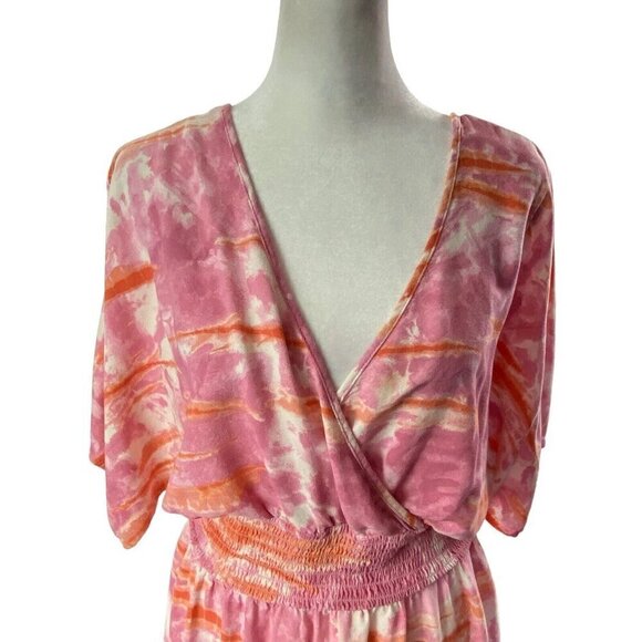 KNOX ROSE Maxi Dress V Neck Short Sleeve Side Slits Tie Dye Pink M 81-30 - Picture 6 of 13